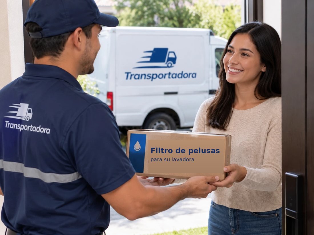 Repartidor entregando el paquete con el filtro a una clienta que lo recibe en la puerta de su casa